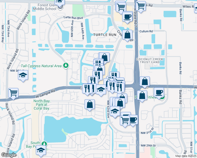 map of restaurants, bars, coffee shops, grocery stores, and more near 6261 West Sample Road in Coral Springs