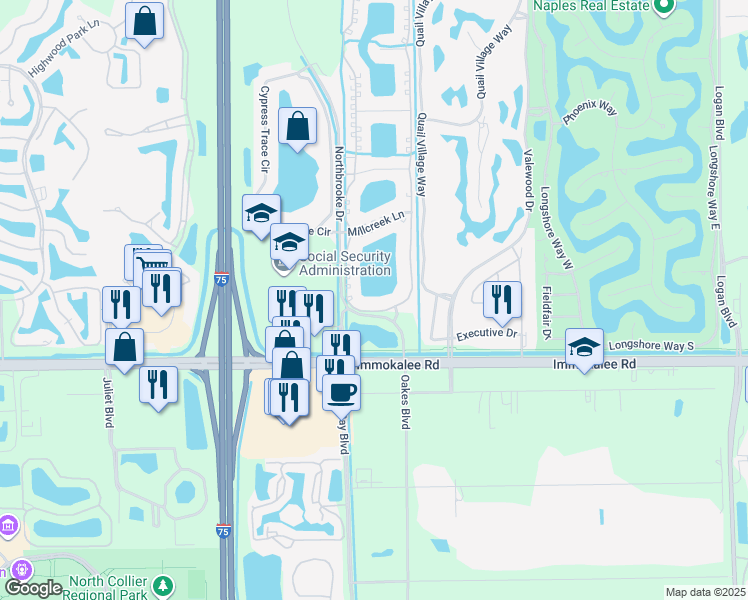 map of restaurants, bars, coffee shops, grocery stores, and more near 6432 Huntington Lakes Circle in Naples