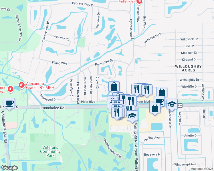 map of restaurants, bars, coffee shops, grocery stores, and more near 145 Wading Bird Circle in Naples