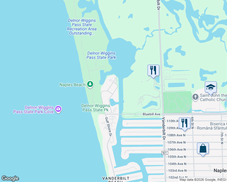 map of restaurants, bars, coffee shops, grocery stores, and more near 27 Bluebill Avenue in Naples