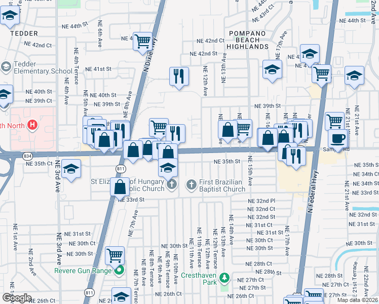 map of restaurants, bars, coffee shops, grocery stores, and more near 1199 East Sample Road in Pompano Beach