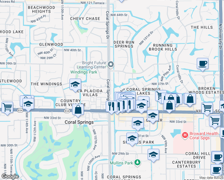 map of restaurants, bars, coffee shops, grocery stores, and more near 10500 La Placida Drive in Coral Springs