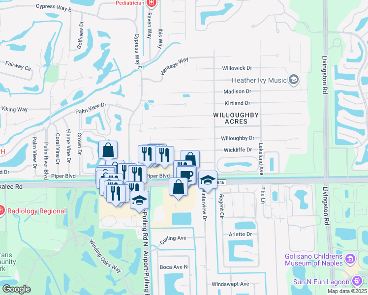 map of restaurants, bars, coffee shops, grocery stores, and more near 38 Willoughby Drive in Naples