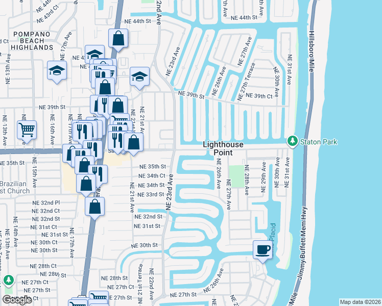 map of restaurants, bars, coffee shops, grocery stores, and more near 2420-2422 Northeast 36th Street in Lighthouse Point