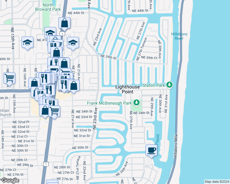 map of restaurants, bars, coffee shops, grocery stores, and more near 2420-2422 Northeast 36th Street in Lighthouse Point