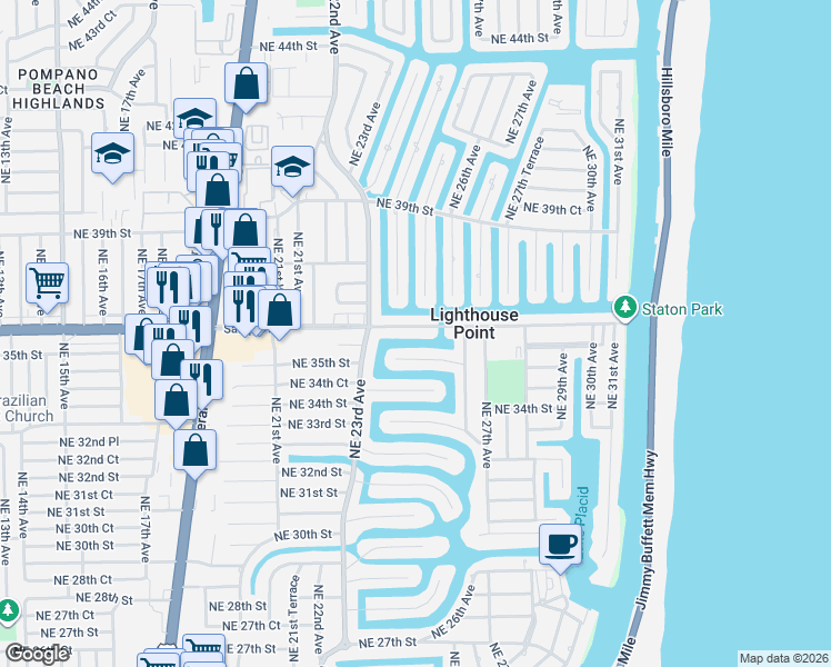 map of restaurants, bars, coffee shops, grocery stores, and more near 2420-2422 Northeast 36th Street in Lighthouse Point