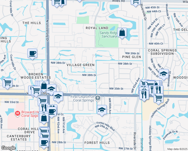 map of restaurants, bars, coffee shops, grocery stores, and more near 8703 Northwest 38th Drive in Coral Springs