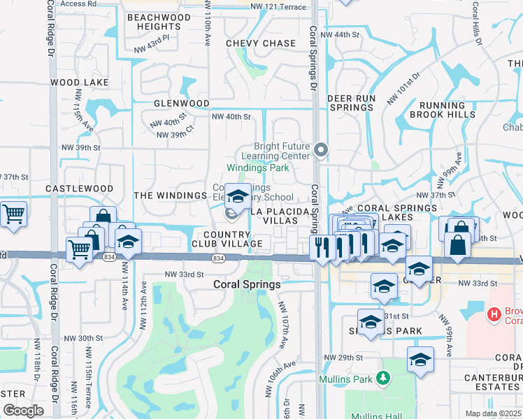 map of restaurants, bars, coffee shops, grocery stores, and more near 10710 La Placida Drive in Coral Springs