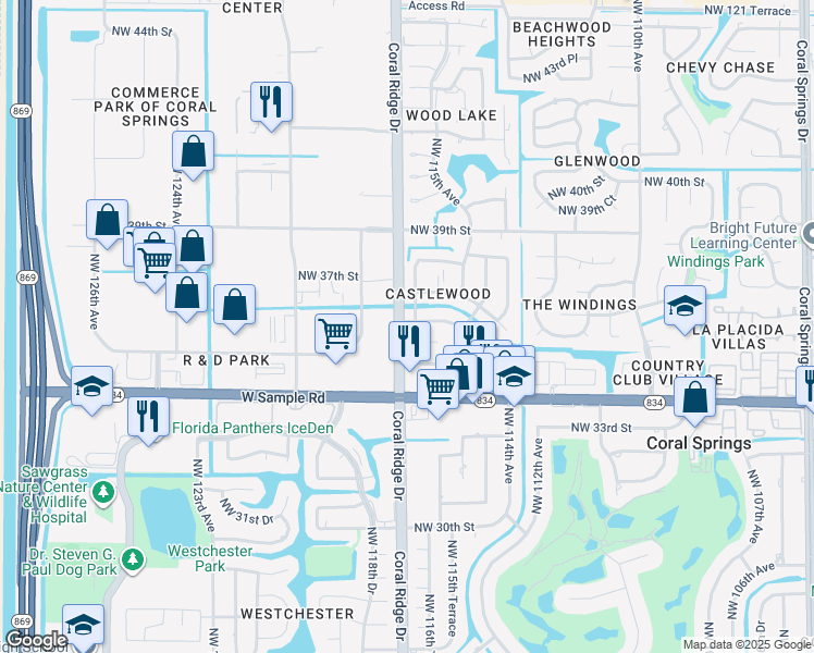 map of restaurants, bars, coffee shops, grocery stores, and more near 11627 Northwest 36th Street in Coral Springs