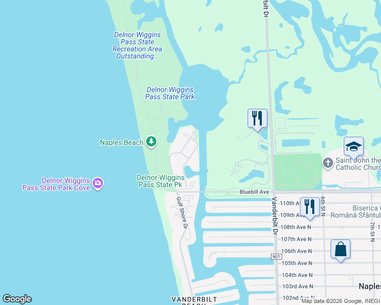 map of restaurants, bars, coffee shops, grocery stores, and more near 27 Bluebill Avenue in Naples