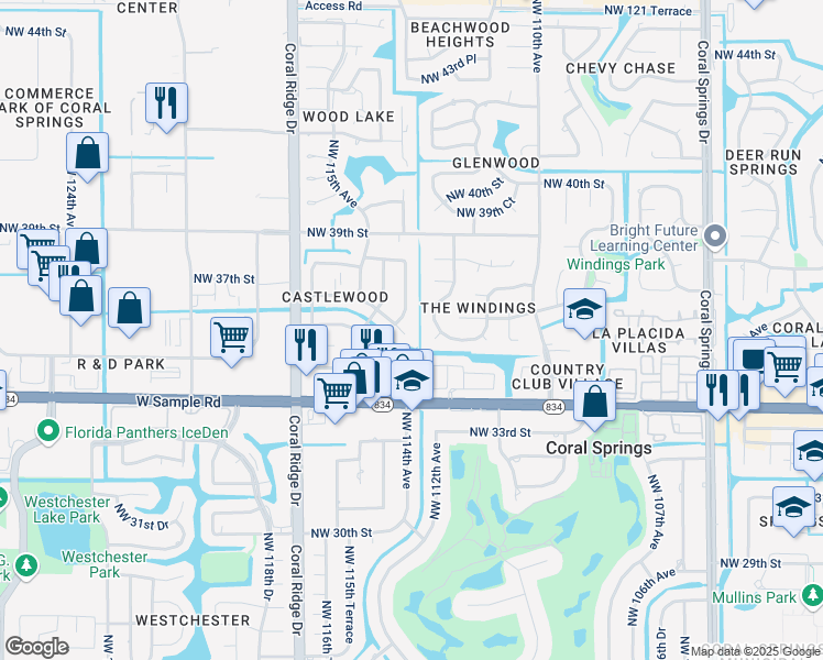 map of restaurants, bars, coffee shops, grocery stores, and more near 3651 Northwest 114th Avenue in Coral Springs