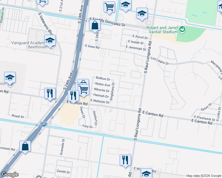 map of restaurants, bars, coffee shops, grocery stores, and more near 2504 Singletary Drive in Edinburg