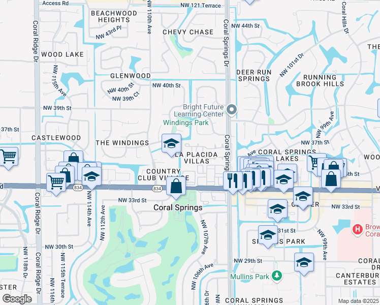 map of restaurants, bars, coffee shops, grocery stores, and more near 10710 La Placida Drive in Coral Springs