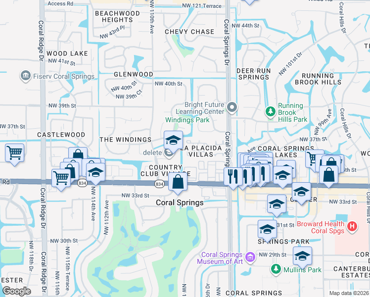 map of restaurants, bars, coffee shops, grocery stores, and more near 10710 La Placida Drive in Coral Springs