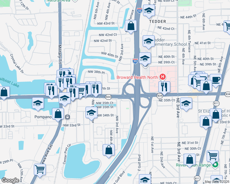 map of restaurants, bars, coffee shops, grocery stores, and more near 320 Northwest 37th Street in Pompano Beach