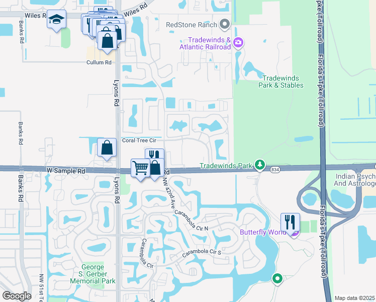 map of restaurants, bars, coffee shops, grocery stores, and more near 4175 West Sample Road in Coconut Creek