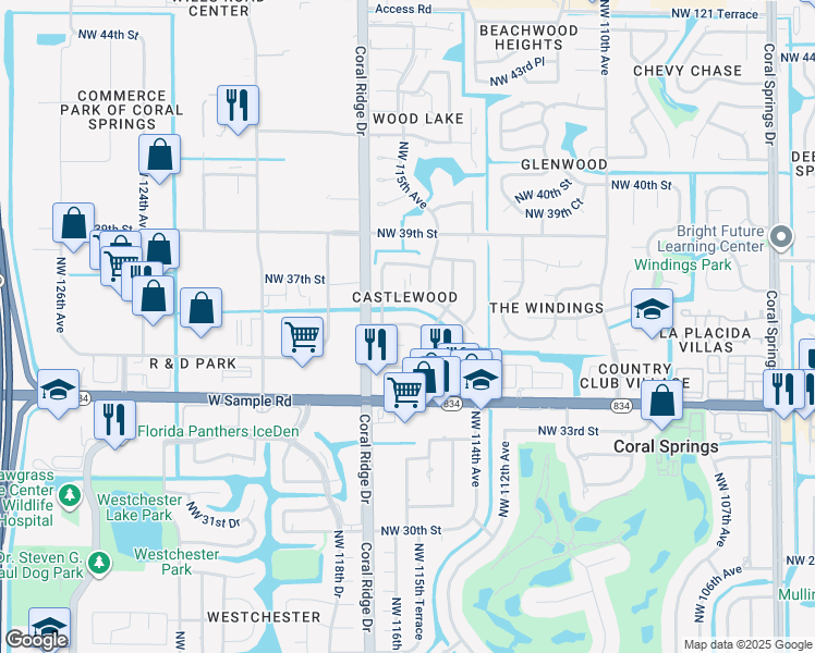 map of restaurants, bars, coffee shops, grocery stores, and more near 11627 Northwest 36th Street in Coral Springs