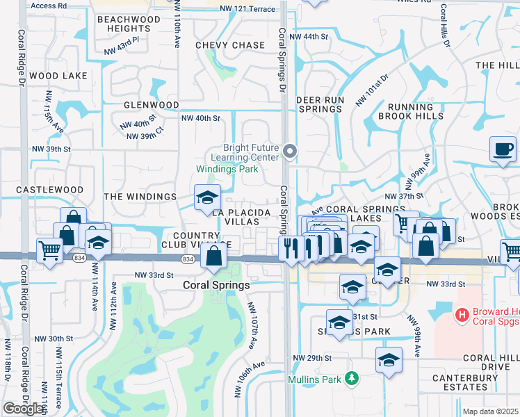 map of restaurants, bars, coffee shops, grocery stores, and more near 10610 La Placida Drive in Coral Springs