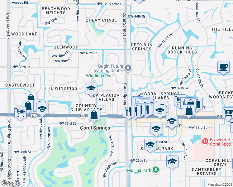 map of restaurants, bars, coffee shops, grocery stores, and more near 10610 La Placida Drive in Coral Springs