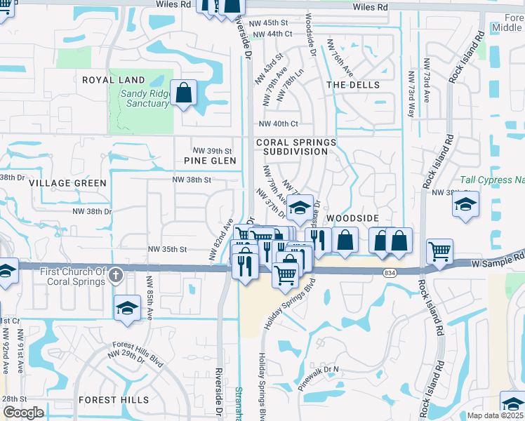 map of restaurants, bars, coffee shops, grocery stores, and more near 3694 Northwest 81st Avenue in Coral Springs