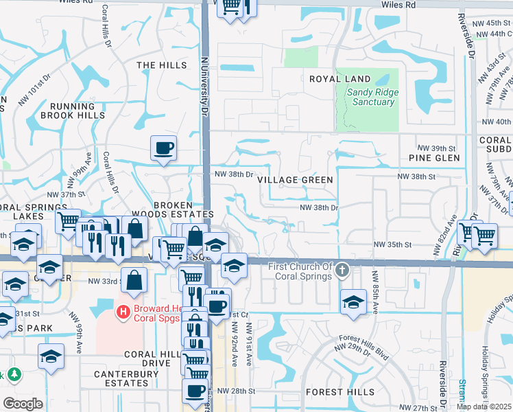 map of restaurants, bars, coffee shops, grocery stores, and more near 8992 Northwest 38th Drive in Coral Springs