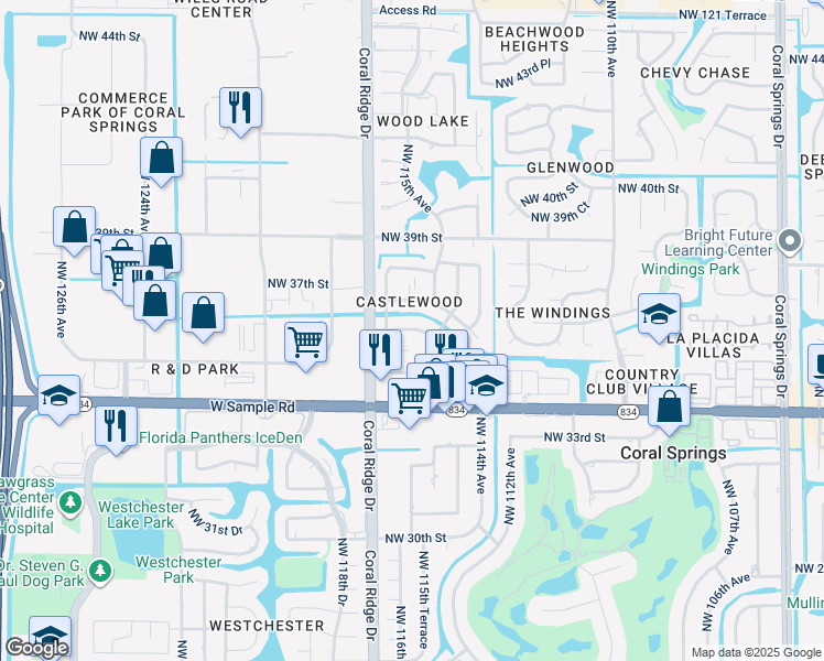 map of restaurants, bars, coffee shops, grocery stores, and more near 11627 Northwest 36th Street in Coral Springs
