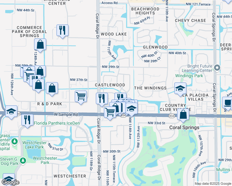 map of restaurants, bars, coffee shops, grocery stores, and more near 11513 Northwest 36th Street in Coral Springs