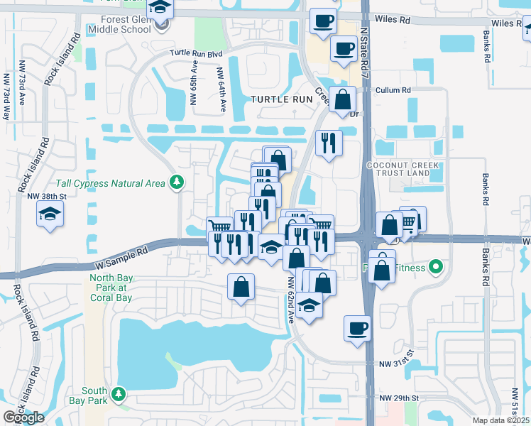 map of restaurants, bars, coffee shops, grocery stores, and more near 6261 West Sample Road in Coral Springs