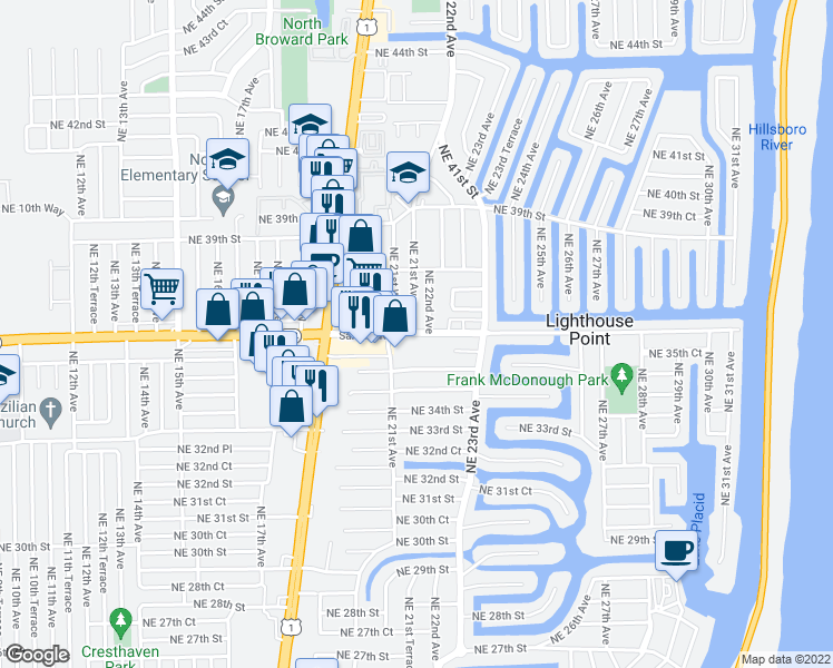 map of restaurants, bars, coffee shops, grocery stores, and more near 36 Northeast 36th Street in Lighthouse Point