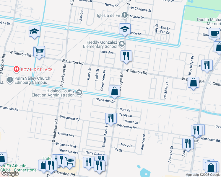map of restaurants, bars, coffee shops, grocery stores, and more near 3116 Carson Street in Edinburg