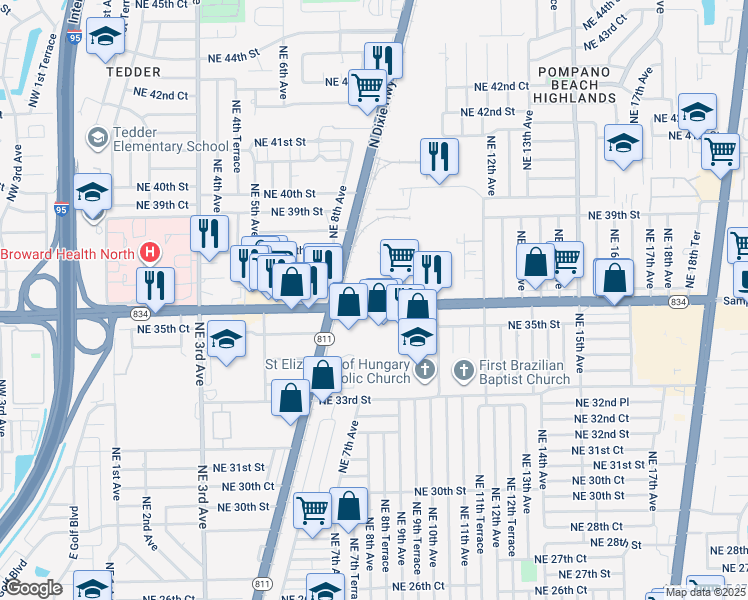 map of restaurants, bars, coffee shops, grocery stores, and more near 801 Florida 834 in Pompano Beach