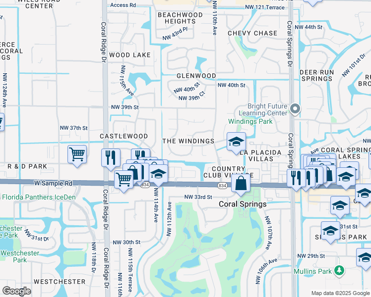 map of restaurants, bars, coffee shops, grocery stores, and more near 11180 Northwest 36th Street in Coral Springs