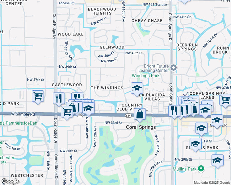 map of restaurants, bars, coffee shops, grocery stores, and more near 3640A Northwest 110th Lane in Coral Springs