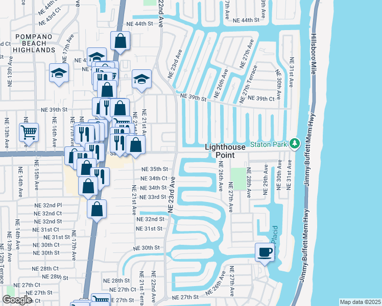 map of restaurants, bars, coffee shops, grocery stores, and more near 2422 Northeast 36th Street in Lighthouse Point