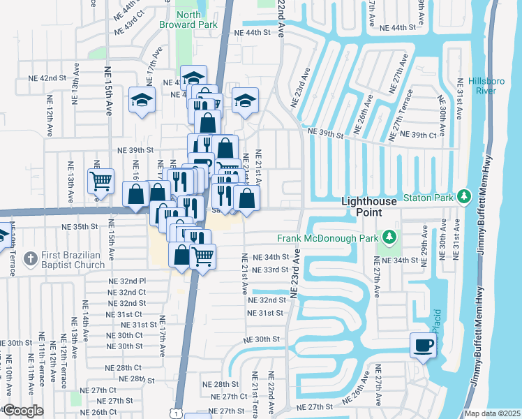 map of restaurants, bars, coffee shops, grocery stores, and more near 36 Northeast 36th Street in Lighthouse Point