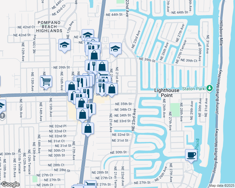 map of restaurants, bars, coffee shops, grocery stores, and more near 36 Northeast 36th Street in Lighthouse Point
