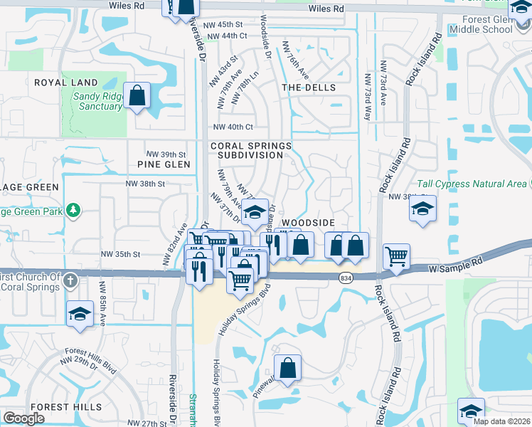 map of restaurants, bars, coffee shops, grocery stores, and more near 3700 Northwest 78th Lane in Coral Springs