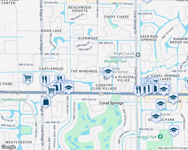map of restaurants, bars, coffee shops, grocery stores, and more near 3640A Northwest 110th Lane in Coral Springs