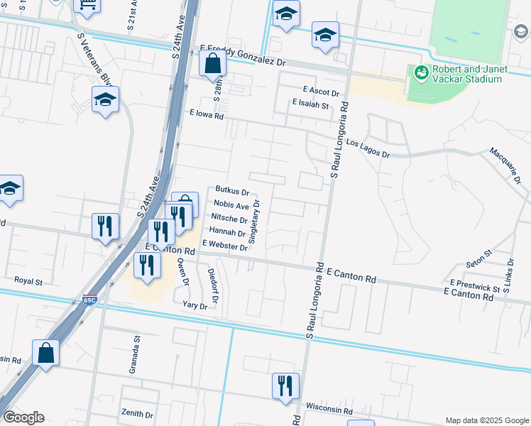 map of restaurants, bars, coffee shops, grocery stores, and more near 2504 Singletary Drive in Edinburg