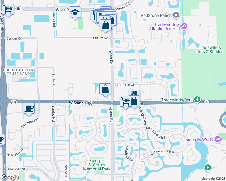map of restaurants, bars, coffee shops, grocery stores, and more near 3740 Lyons Road in Coconut Creek