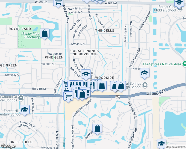 map of restaurants, bars, coffee shops, grocery stores, and more near 3732 Wilderness Way in Coral Springs