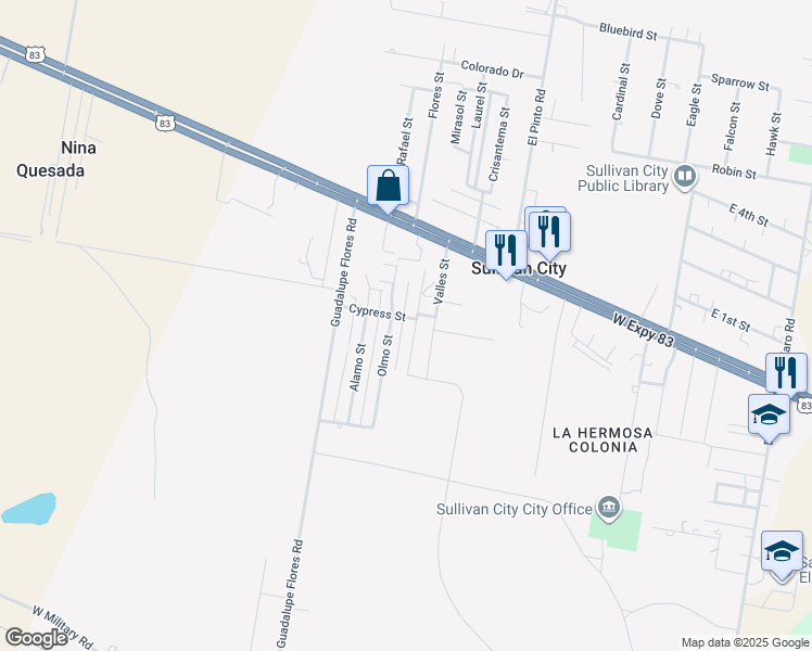map of restaurants, bars, coffee shops, grocery stores, and more near 186 Pino Street in Sullivan City