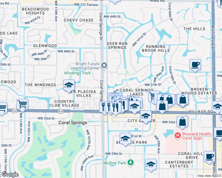 map of restaurants, bars, coffee shops, grocery stores, and more near 10423 Northwest 36th Street in Coral Springs