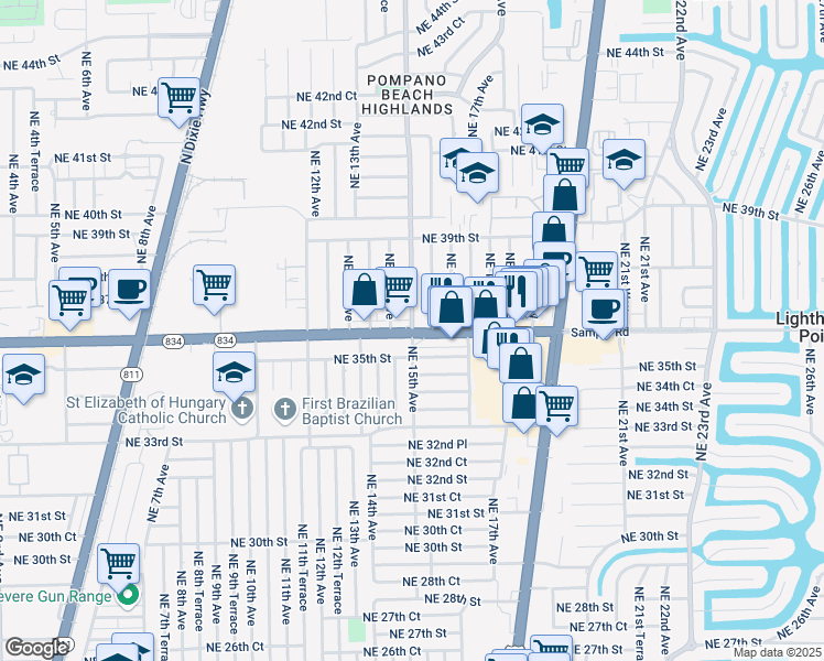 map of restaurants, bars, coffee shops, grocery stores, and more near E Sample Rd & NE 15th Ave in Pompano Beach
