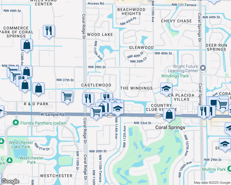 map of restaurants, bars, coffee shops, grocery stores, and more near 3651 Northwest 114th Avenue in Coral Springs