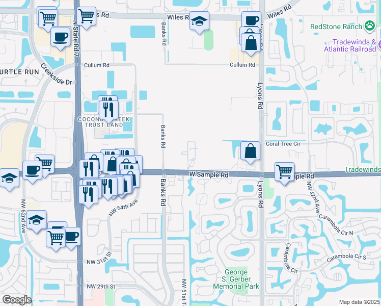 map of restaurants, bars, coffee shops, grocery stores, and more near 4901 West Sample Road in Coconut Creek