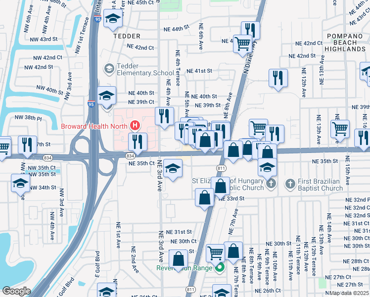 map of restaurants, bars, coffee shops, grocery stores, and more near 525 East Sample Road in Pompano Beach