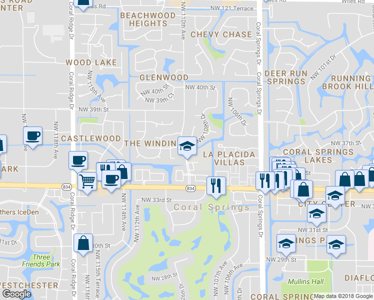 map of restaurants, bars, coffee shops, grocery stores, and more near 3631 Northwest 110th Avenue in Coral Springs