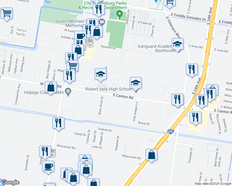 map of restaurants, bars, coffee shops, grocery stores, and more near 510 Frio Drive in Edinburg