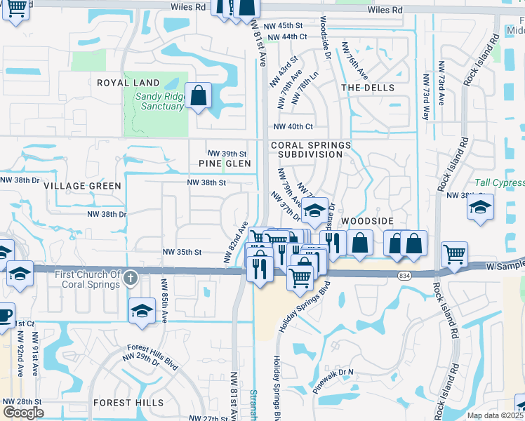 map of restaurants, bars, coffee shops, grocery stores, and more near 3694 Northwest 81st Avenue in Coral Springs